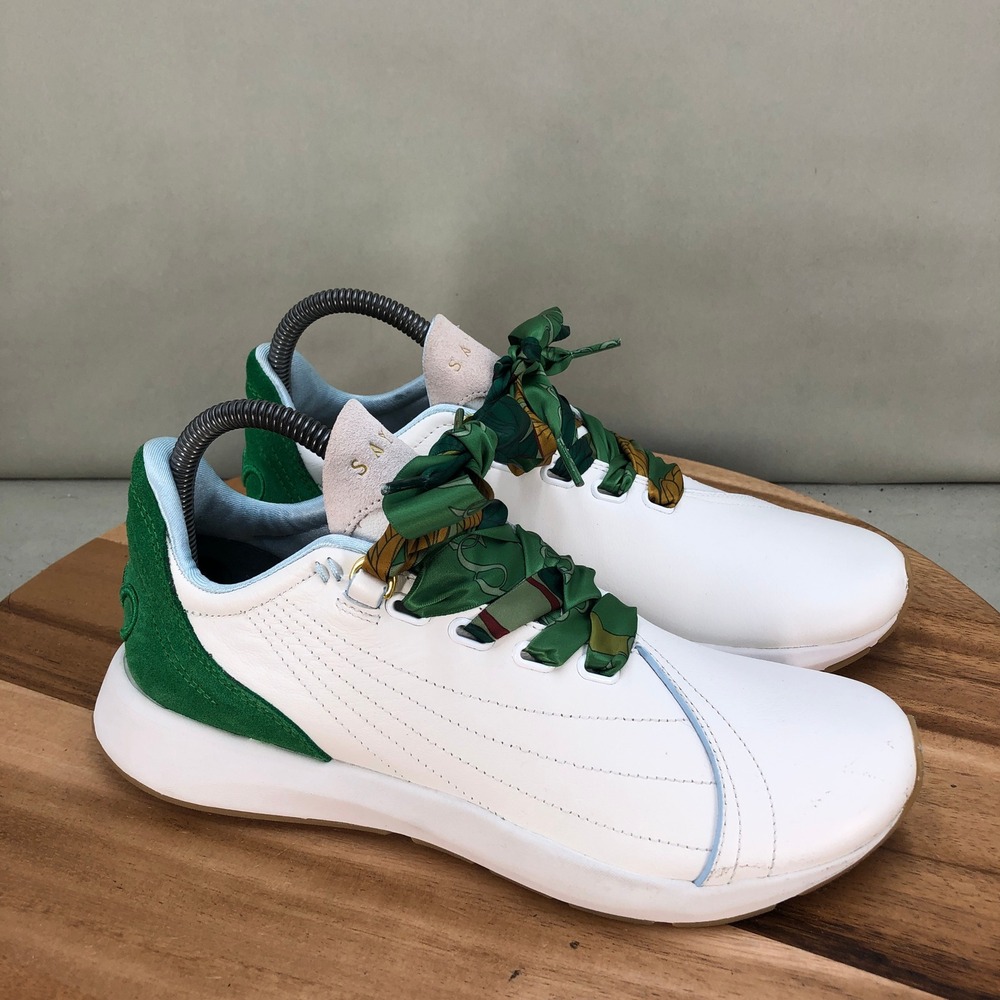 Saysh Two Womens Sneakers White Green Leather Scarf Laces Size 8.5 Made by Women